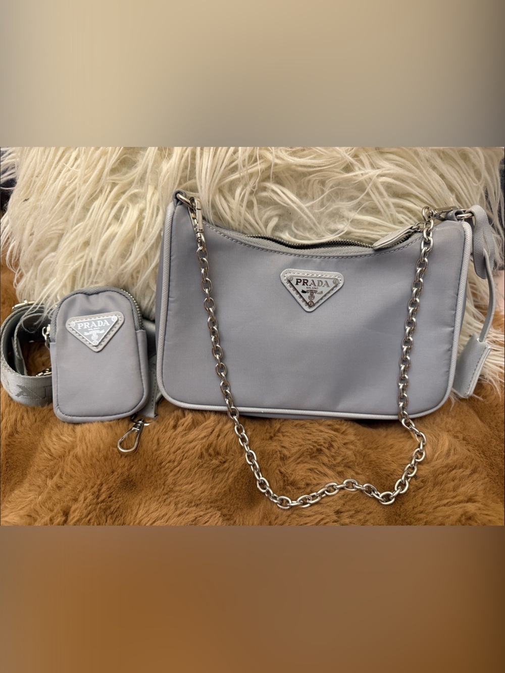 Light Gray Nylon Shoulder Bag with Chain and Detachable Pouch